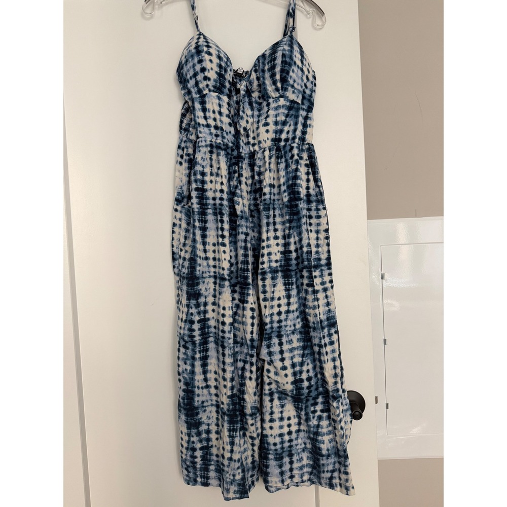 A.U.W. Blue Tie Dye Wide Leg Jumpsuit Womens XL Smocked Back Front Tie Boho Summ